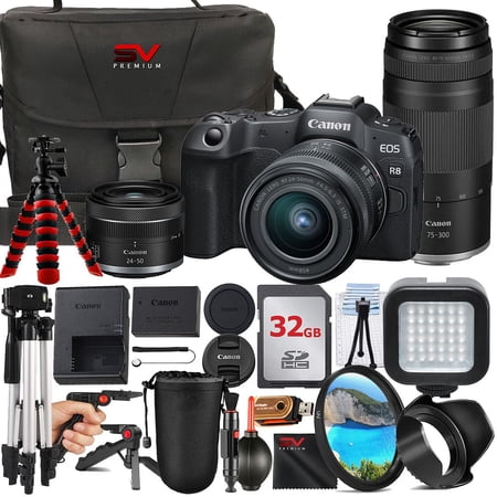 Canon EOS R8 Mirrorless Camera with RF 24-50mm + 75-300mm Lens + 32GB Memory Card + Case + Tripod + SV Premium Accessory Bundle (International Version)