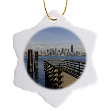 3dRose, WA, Seattle skyline from Alki, West Seattle - US48 JWI2258 - Jamie and Judy Wild, 3 inch Snowflake Porcelain Ornament