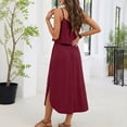 thumbnail image 5 of Summer Womens Solid Color Dress U Neck Adjustable Drawstring Side Slit Beach Casual Gown L, 5 of 6
