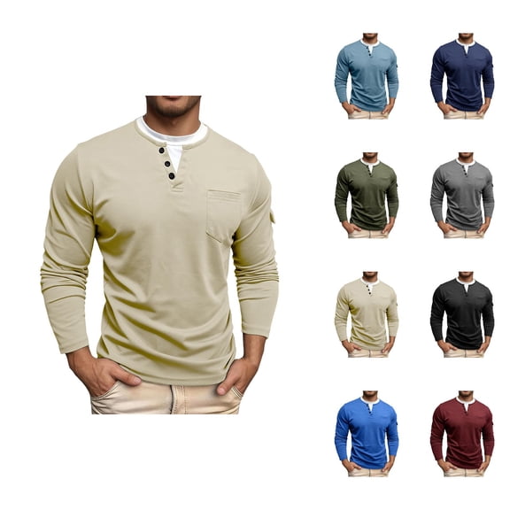 Henley Shirts for Men Summer Solid Casual Crew Neck Long Sleeve Pocket T Shirts for Men