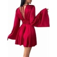 thumbnail image 6 of Women'S Deep V Neck Long Sleeve Mini Satin Silk Dress Elegant Flowy Wedding Guest Party Short Dresses Wine Red M, 6 of 9