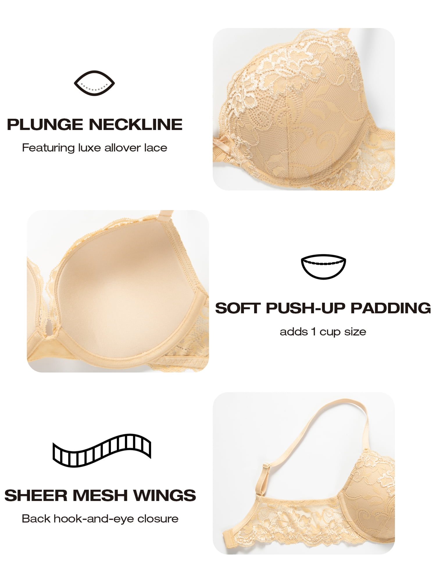 Deyllo Women's Pushup Everyday Lace Bra, Sheer, Size Range 32B-40DD