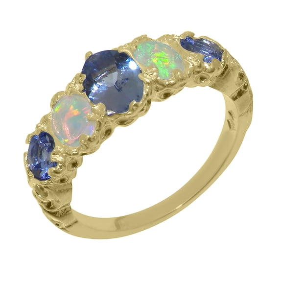 LBG British Made 9k Yellow Gold Natural Tanzanite & Opal Womens Band Ring - 33 size options - Size 10