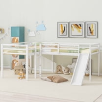 Euroco Twin L-Shaped Loft Bed with Slide and Ladder for Kids, 2 Beds in One for Kids Teens Adults, White