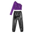 thumbnail image 3 of TiaoBug Kids Girls Sequins Hip Hop Jazz Ballet Dance Outfits One Shoulder Long Sleeve Crop Top with Metallic Pants Set Purple&Black 12, 3 of 7