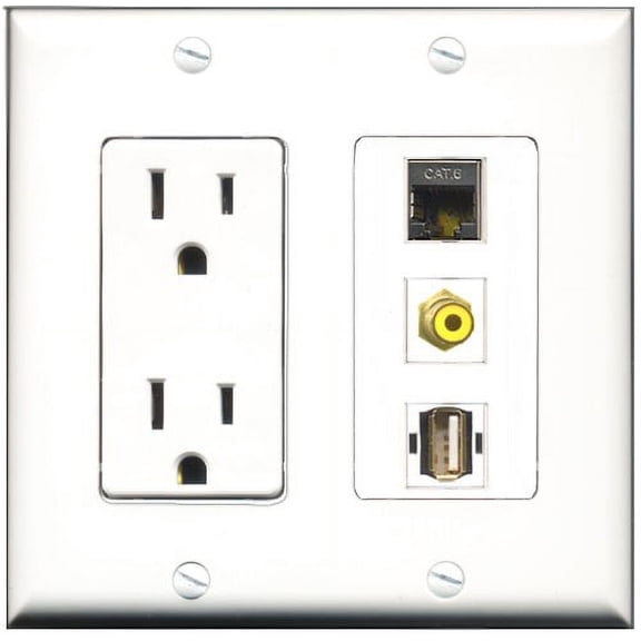 RiteAV - 15 Amp Power Outlet 1 Port RCA Yellow 1 Port USB A-A 1 Port Shielded Cat6 Ethernet Ethernet Decorative Wall Plate
