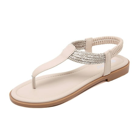 

ZTTD Women s Fashion Casual Flats Round Toe Flip-Flop Sandals Elastic Band Shoes Khaki