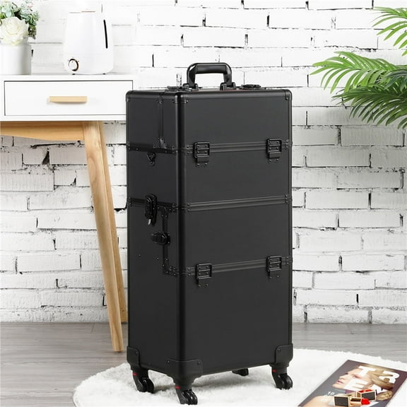 Topeakmart 3-in-1 Aluminum Cosmetic Case Professional Makeup Train Case Trolley with Carrying Strap, Black