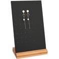 thumbnail image 1 of Exhibidor de pendientes con panel perforado negro, soporte organizador para pendientes, estante de exhibición de joyería de acrílico con base de madera natural., 1 of 9
