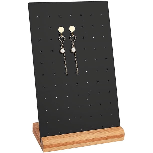 Exhibidor de pendientes con panel perforado negro, soporte organizador para pendientes, estante de exhibición de joyería de acrílico con base de madera natural.