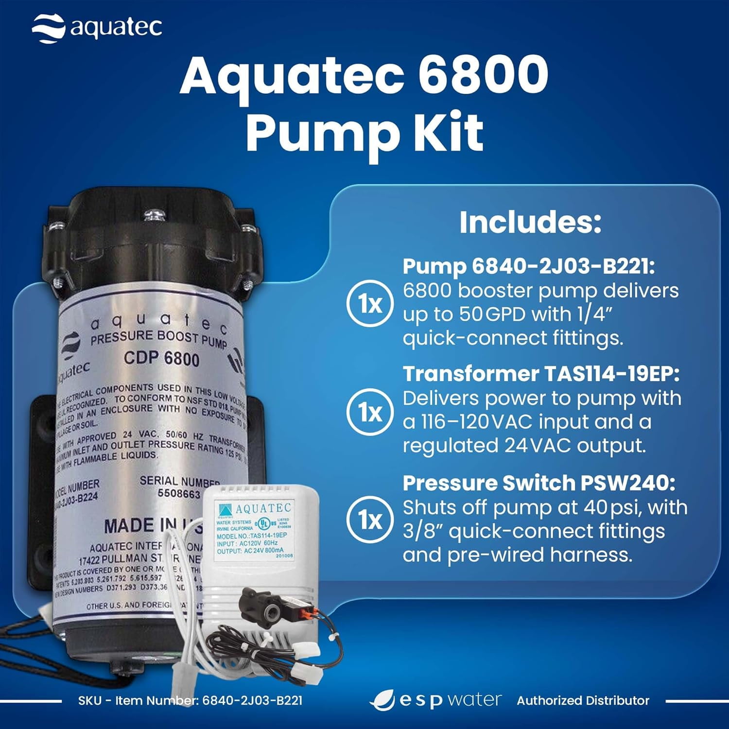 ESP Water Products 6840-2J03-B221-B, 120 Amps, 120V, Silver Corded Electric RO Booster Pump Water Transfer Pump