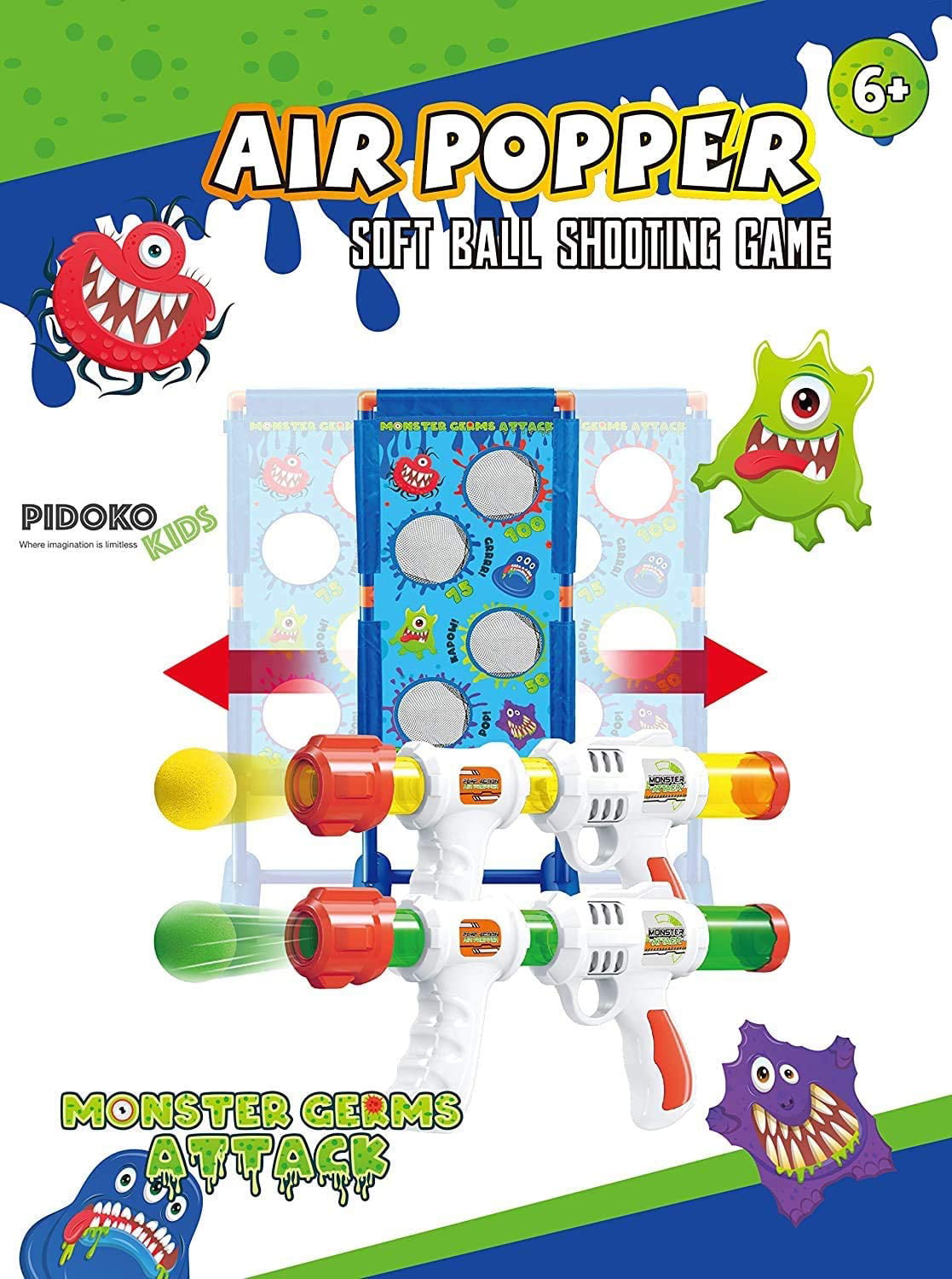 Pidoko Kids Monster Germs Shooting Game - 2 Pack Foam Ball Air Popper Guns - 2-in-1 Moving Targets or Standstill Shooting - Carnival Games