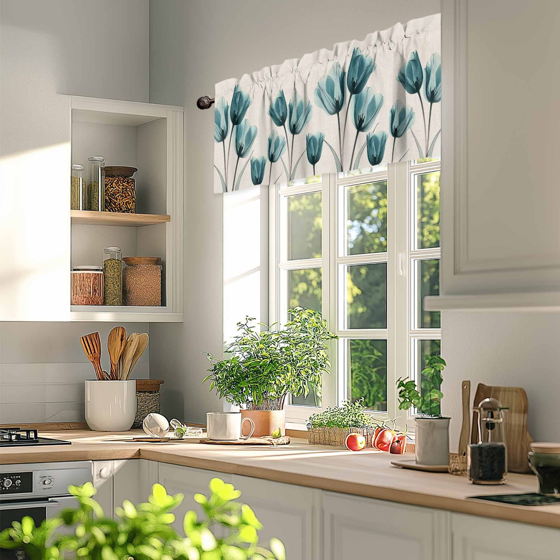 Teal Tulip Valances for Windows, 54 x 18in, Minimalist Modern Flower Art Linen Background Rod Pocket Kitchen Valance Curtain Light Filtering Window Treatments for Living Room Bedroom, 1 Panel