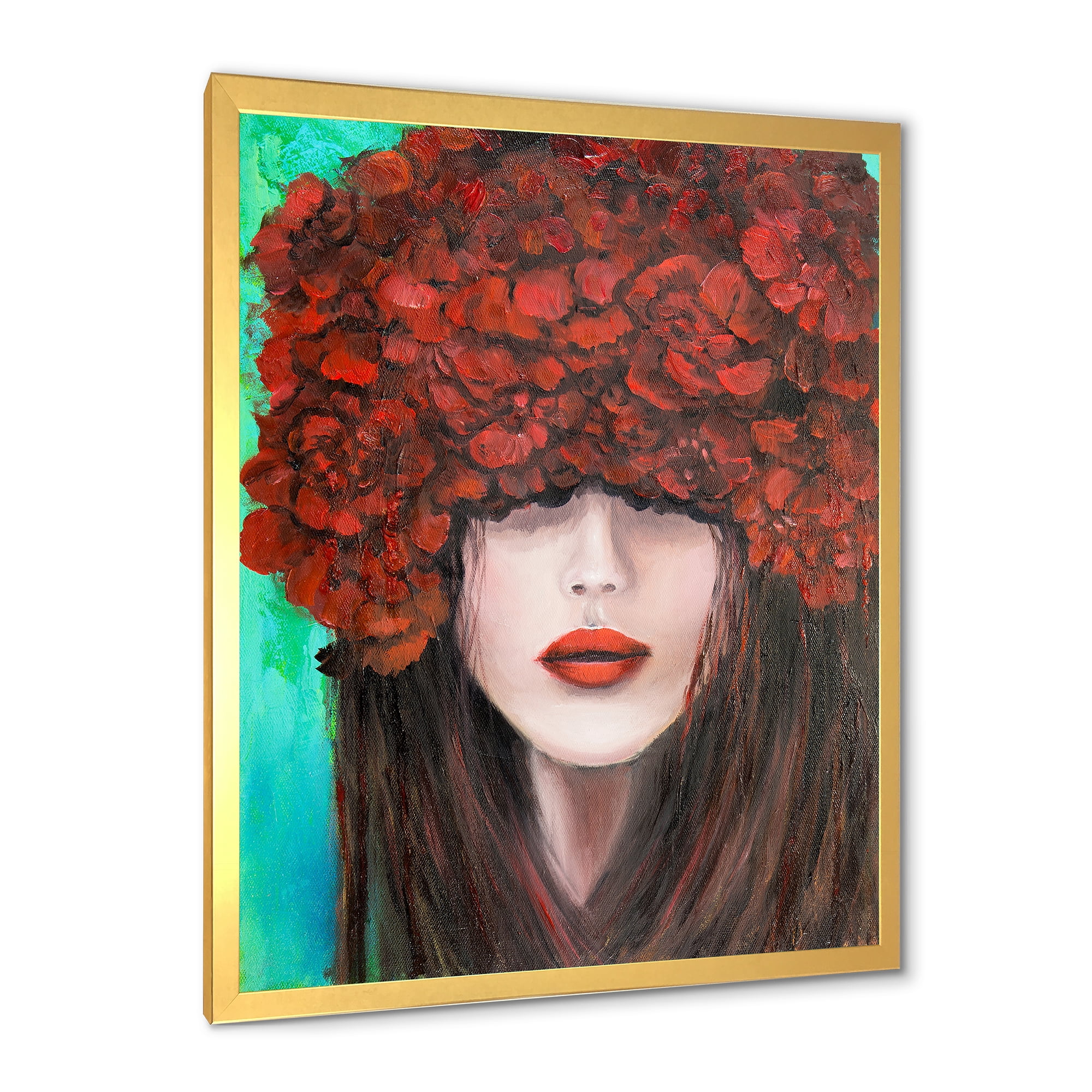 Designart 'Portrait Of A Young Lady With Red Flowers' Modern Framed Art Print