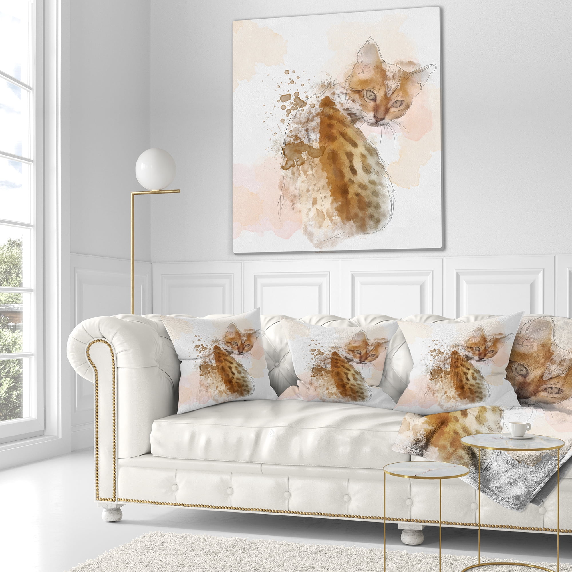 Designart Cute Cat Sketch with Brown Splashes - Animal Throw Pillow - 16x16