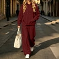 thumbnail image 3 of Casual 2 Piece Outfits for Women Solid Color Hooded Sweatshirt and Wide Leg Sweatpants Drop Shoulder Long Sleeve Drawstring Waist Elastic Fleece Soft Warm Fall Winter Matching Set, 3 of 7