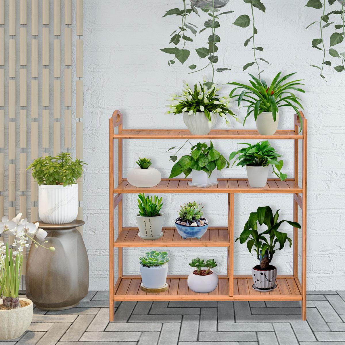 4-Tier Bamboo Shoe Rack with Boots Storage, Freestanding Wooden Display Shelf with Handle, Multifunctional Storage Organizer for Bathroom Entryway, Hallway, Living Room Plant Stand