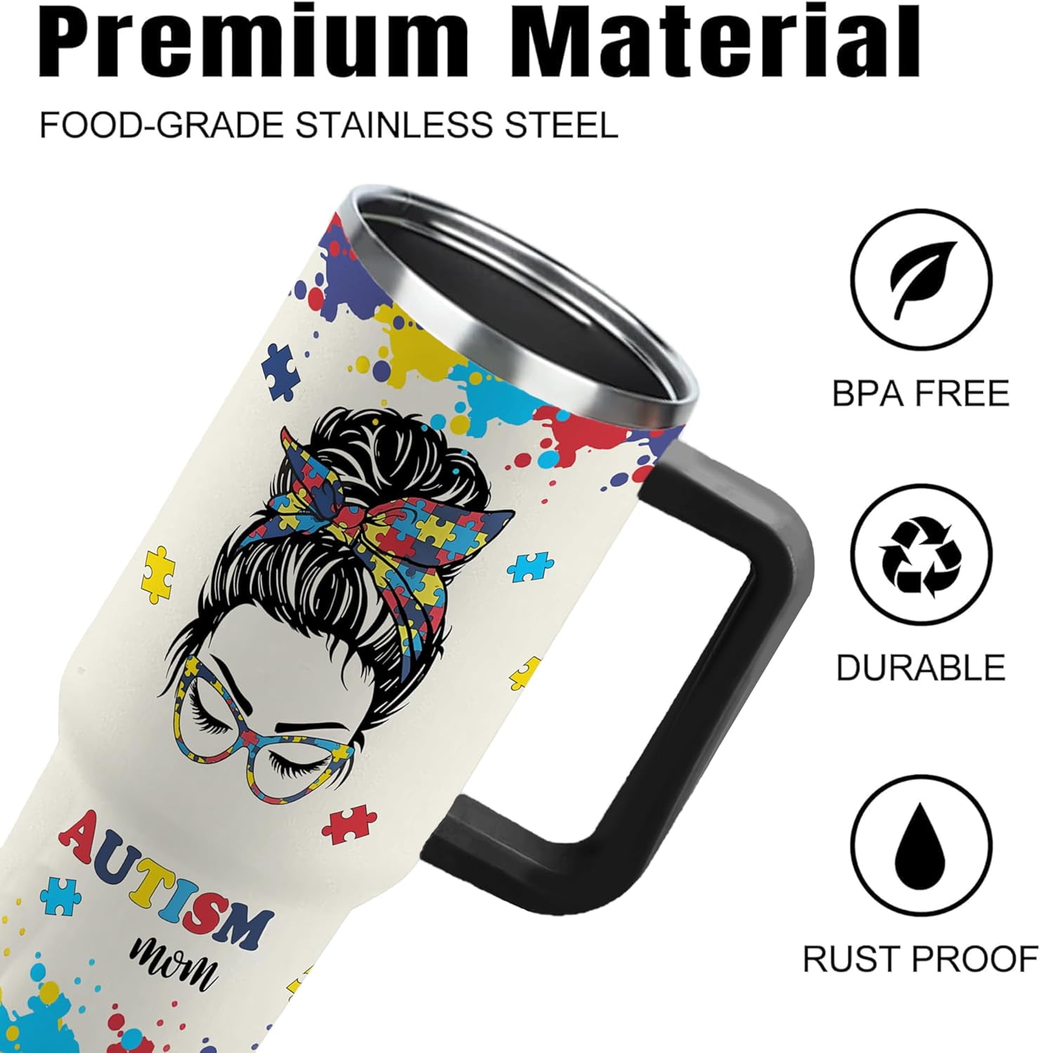 40 OZ Autism Mom Cup with Handle and Straw Lid Leak Proof, Stainless Steel Autism Mom Tumbler Gifts Mothers Day, Insulated Autisms Mother Mug Keeps Drinks Hot Cold Ice, Birthday Gift for Women