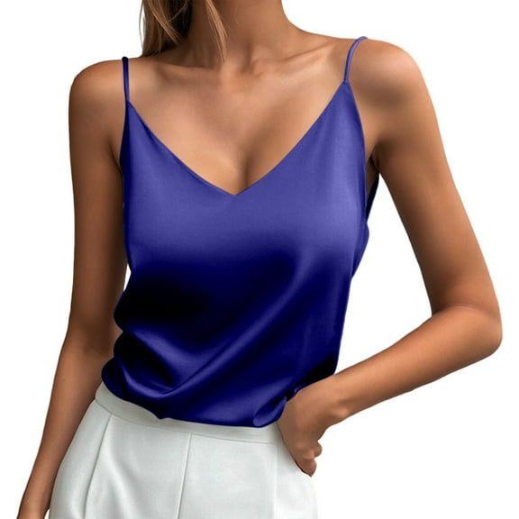 WEIWEN Satin Tank Tops for Women Loose Fit Sleeveless V Neck Spaghetti Strap Cami Shirts Silk Camisole Tops for Women Fashion Clothing Womens Tank Tops Blue, XXL