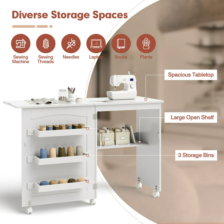 Costway White Folding Swing Craft Table Shelves Storage Cabinet Home Furniture w/Wheels