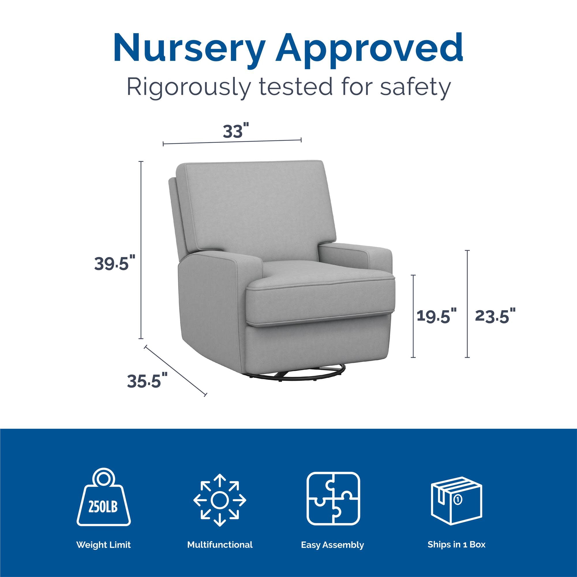 Baby Relax Rylan 4-in-1 Swivel Glider Rocker Recliner Chair, Light Gray