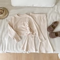 thumbnail image 3 of Pandaie Girls Drawstring Crop Blous Top Flare Pants 2 Piece Set Solid Color Stretch Long Sleeve Casual Fashion Tracksuit Beige,2-3 Years, 3 of 6