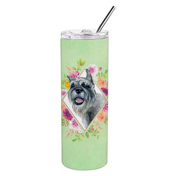 Schnauzer Green Flowers Double Walled Stainless Steel 20 oz Skinny Tumbler