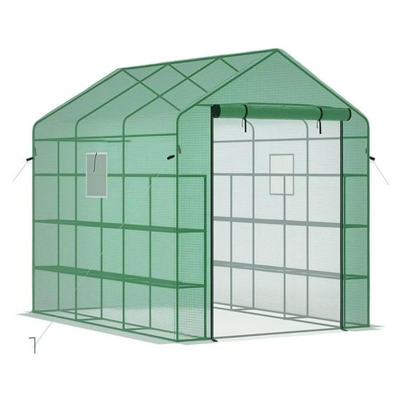 NALYL 8' x 6' x 7' Walk-in Greenhouse with Mesh Door and Windows, 18 Shelf Green House with Trellis, Plant Labels, UV Protective for Growing Flowers, Herbs, Vegetables, Saplings, Green