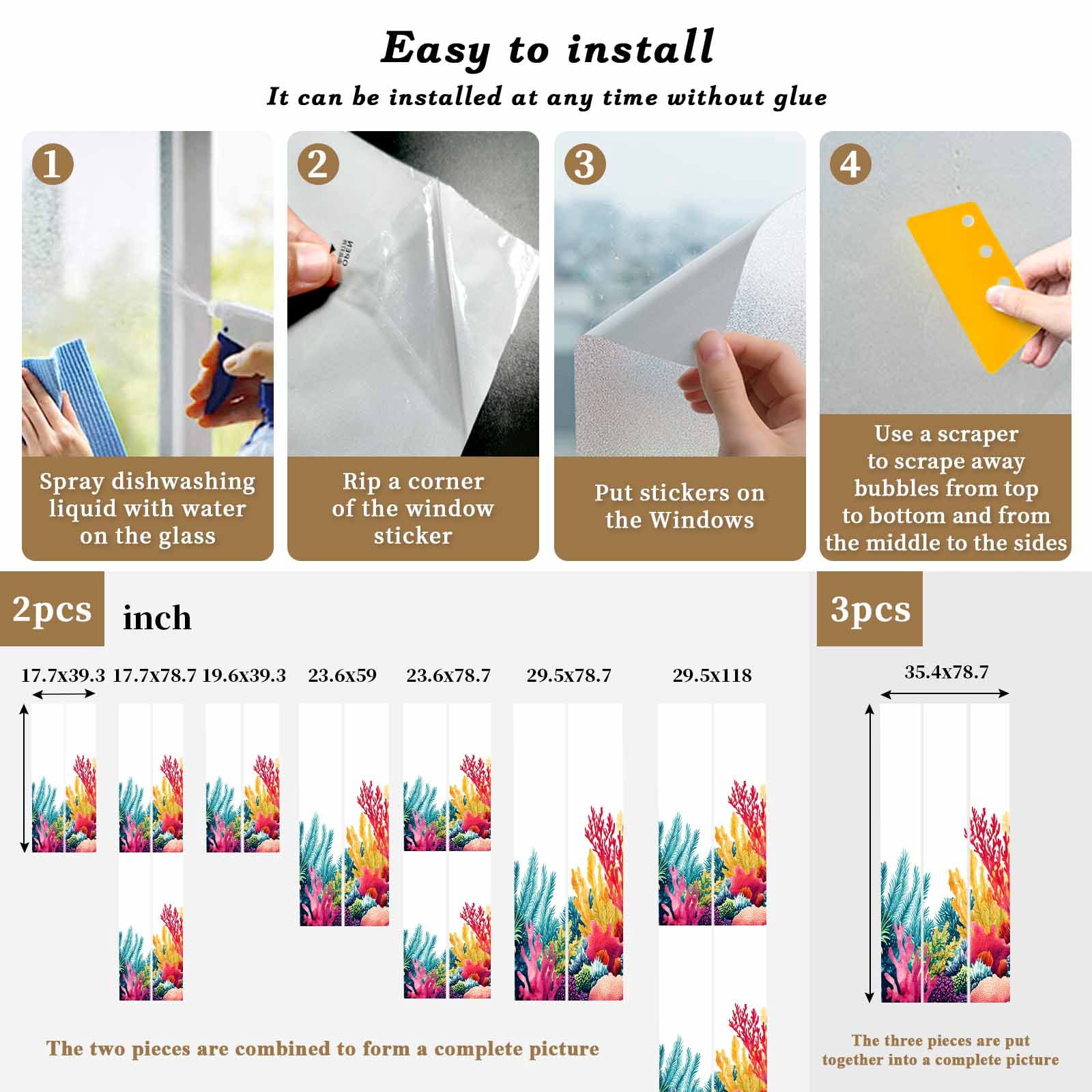 Ocean Coral Window Privacy Film, Summer Underwater Plant Watercolor Style Coastal Frosted Glass Window Clings Static Cling UV Heat Blocking Reusable Door Sticker for Bathroom 23.6 x 59 Inch