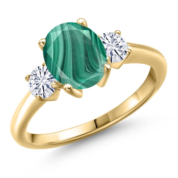 Gem Stone King 10K Yellow Gold Green Malachite and White Moissanite Engagement Ring for Women | 2.96 Cttw | Oval 9X7MM | Gemstone Birthstone | Size 9