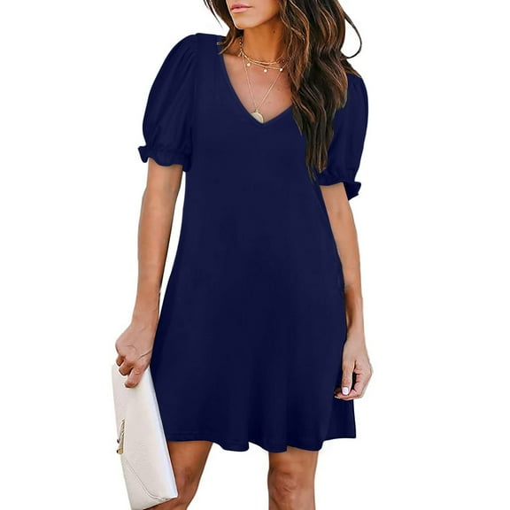 Wycnly Formal Dresses for Women Casual Lantern Sleeve Pocket Swing Short Tunic Tshirt Dress V-Neck Short Sleeve Solid Summer Mini Dresses Dark Blue XXL Clearance Clothes