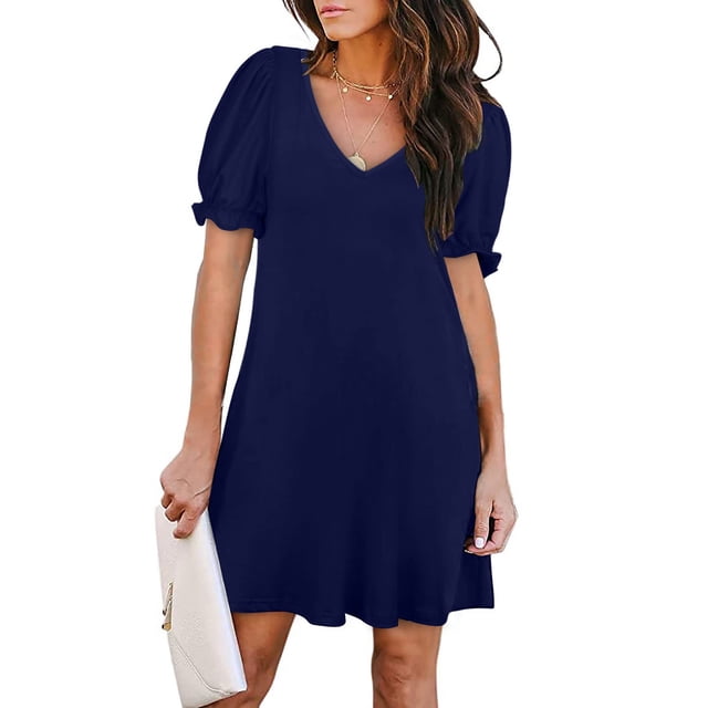 LOVZFMLL Robe d'Été Décontractée pour Femme à Couleur Unie à Manches Courtes avec Poche Robes de Plage Bleu Foncé S