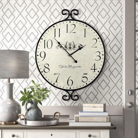 MODE HOME 24 Large Metal Wall Clock, Warm Gray Wrought Iron, Silent Non-Ticking Farmhouse Clock, Battery Operated for Living Room & Kitchen