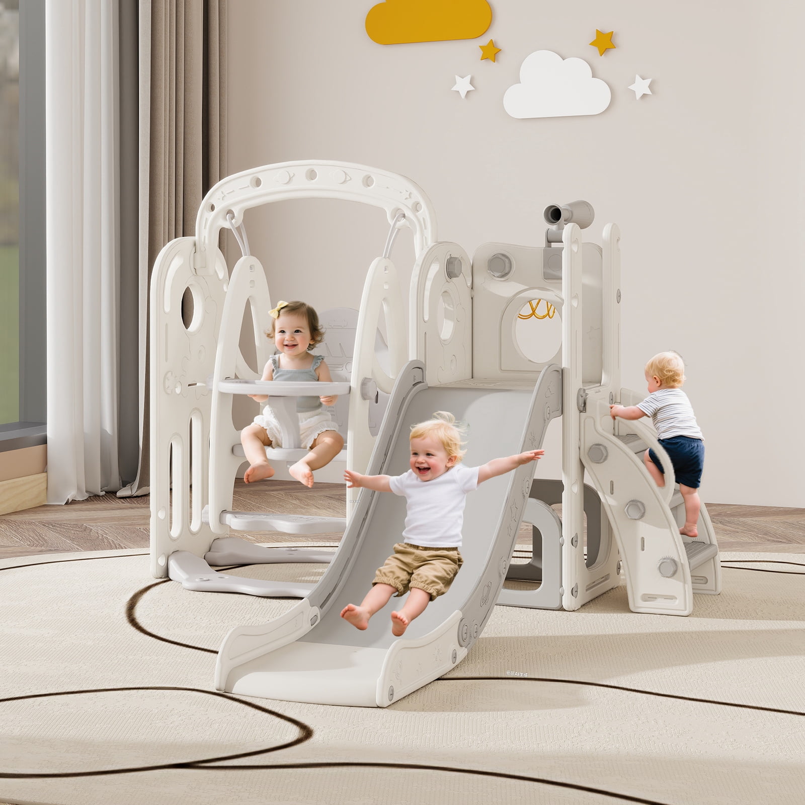 Kinsuite 7-in-1 Toddler Swing & Slide Set - Kids Slide for Toddlers 1-3 with Basketball Hoop, Swing, Ball, Storage Space & Telescope, Indoor & Outdoor Playground Playset (Grey)