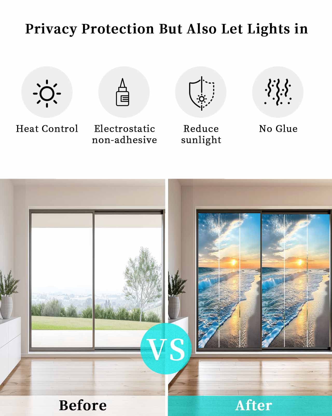 Window Privacy Film Sunset Beach Stained Glass Window Film Decorative Sun Block Window Cover Spray Ocean Waves Sky Nature Scenery Window Clings Static Adhesive Sticker for Bathroom 35.4"x78.7"