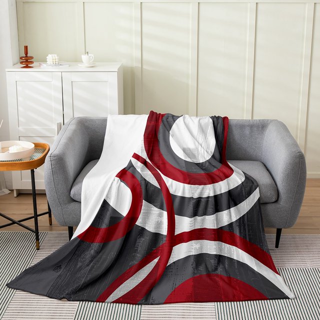 Erosebridal Geometric Circle Line Flannel Blanket 60x80, Gray Red Abstract Aesthetic Sherpa Throw
