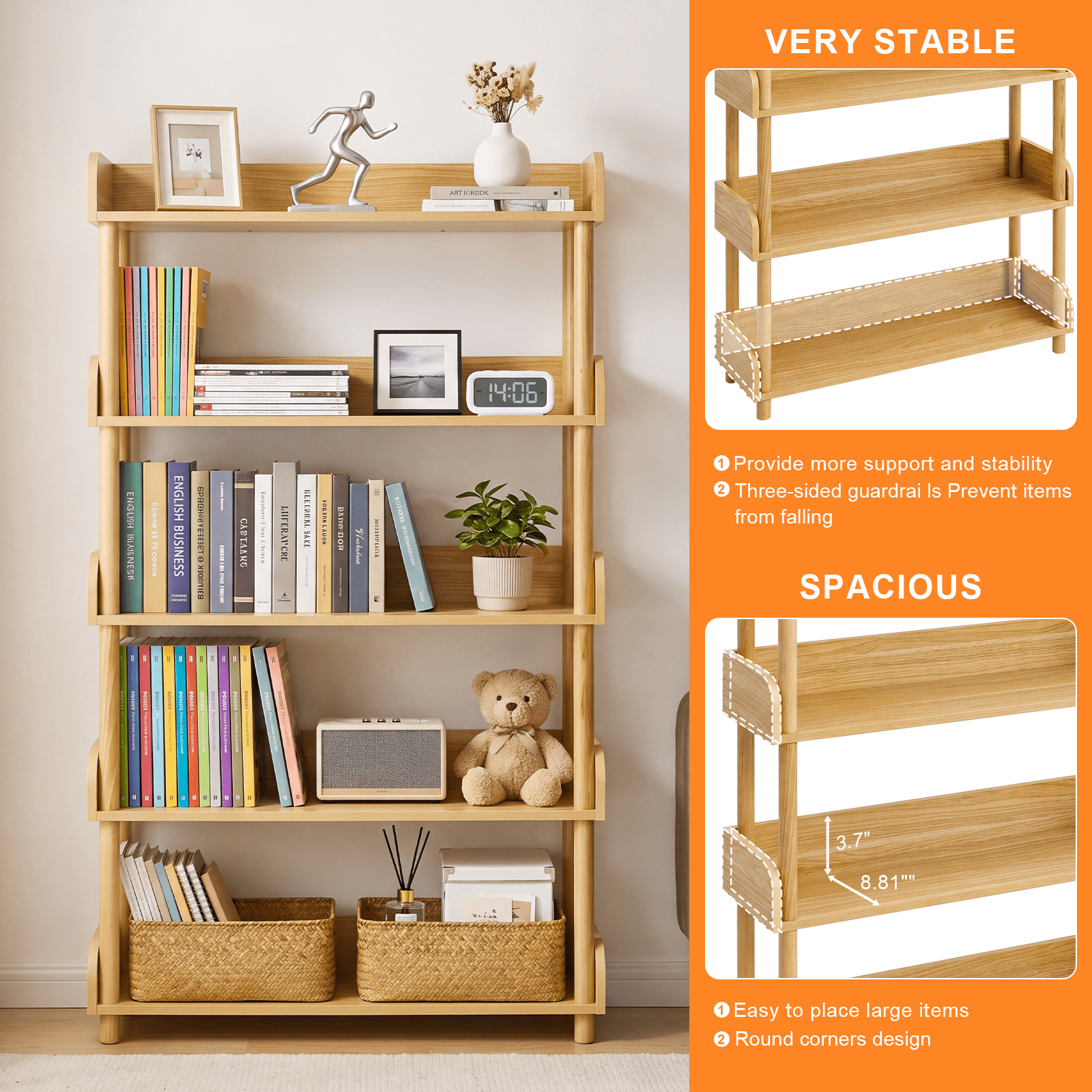 GARITIN 5 Tier Wood Bookshelf, Freestanding Display Shelf with Open Storage Shelves and Solid Wood Legs for Home Office Living Room, Wood