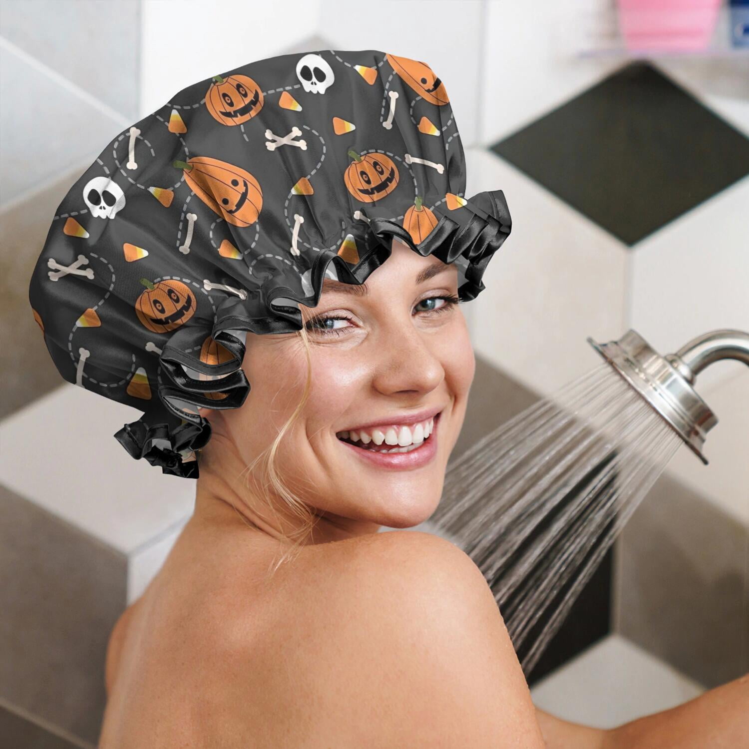 Shower Caps,Gray Halloween Pumpkins Skulls and Bones Waterproof Shower Cap for Women 4 Pieces,Double Reusable Hair Cover for Shower PEVA Elastic Stretch Hem