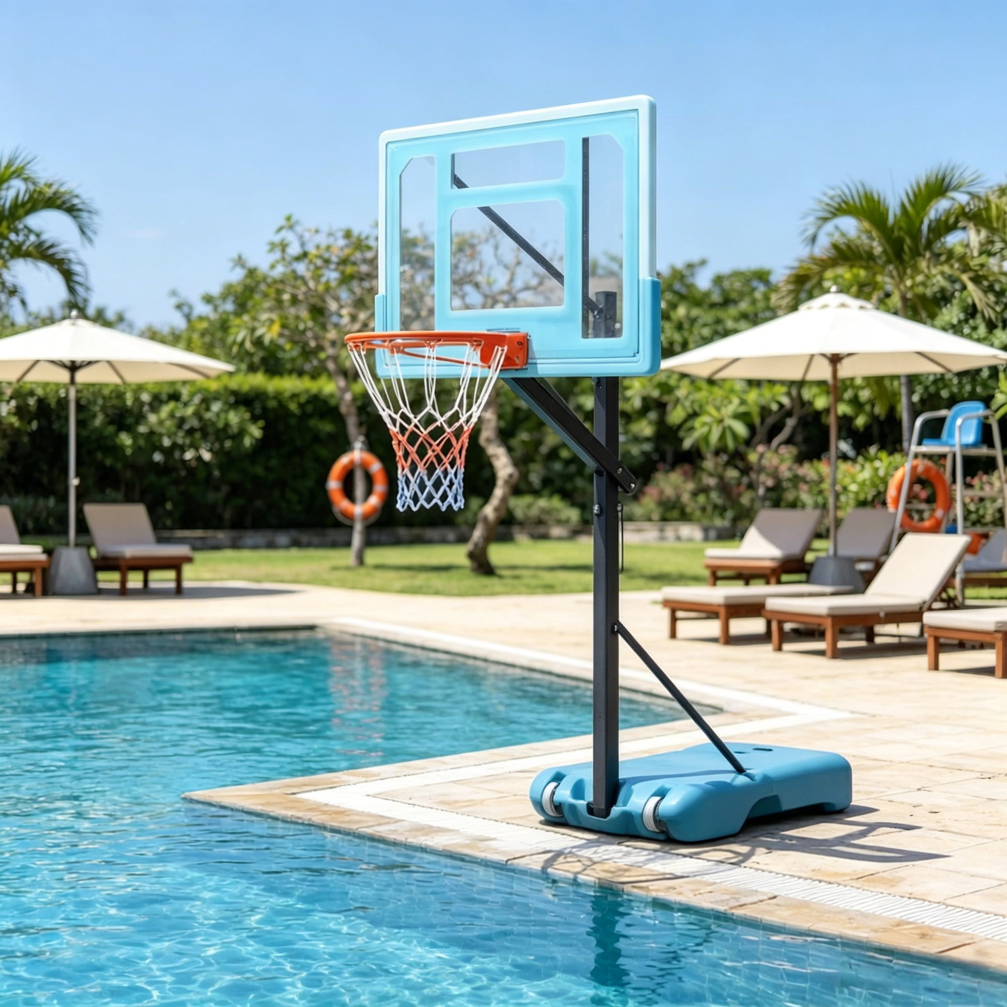 Adjustable Poolside Basketball Hoop Stand 5 Height Levels 36.5-48.5in, Weighted Fillable Base with Rolling Wheels Portable Water Basketball Game for Family Pool Party