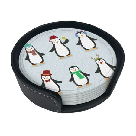 

Drink Coasters With Holder Set Of 6 Absorbent Kitchen Pu Leather Coaster Cute Cartoon Penguin Round Cup Pad Protect Furniture From Scratched