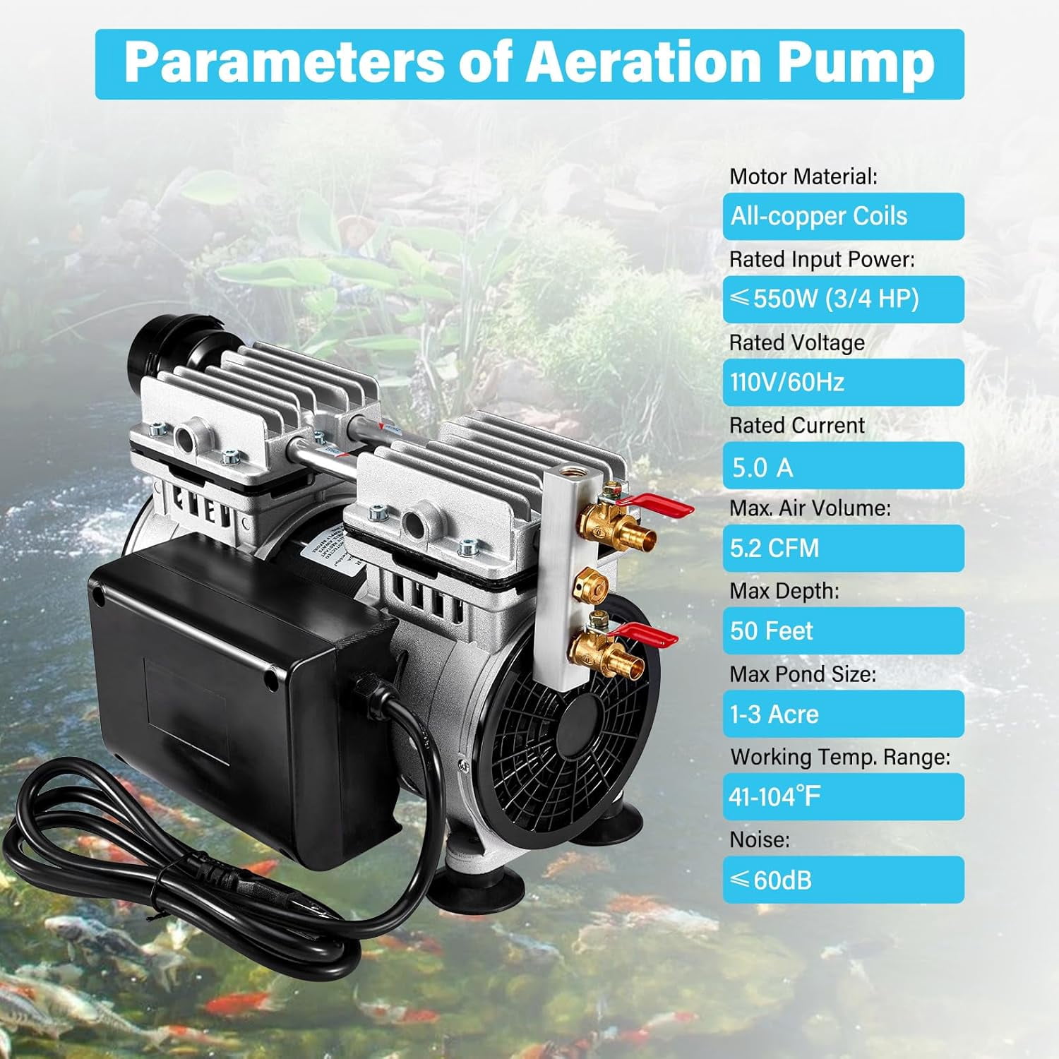 FOUR E's Scientific Pond Aerator, 550 W Power,  5.2 CFM Pond Air Pump for Outdoor, with 2 Diffusers, 98 ft Weighted Hose, for Backyard Koi Fish Tank Lake