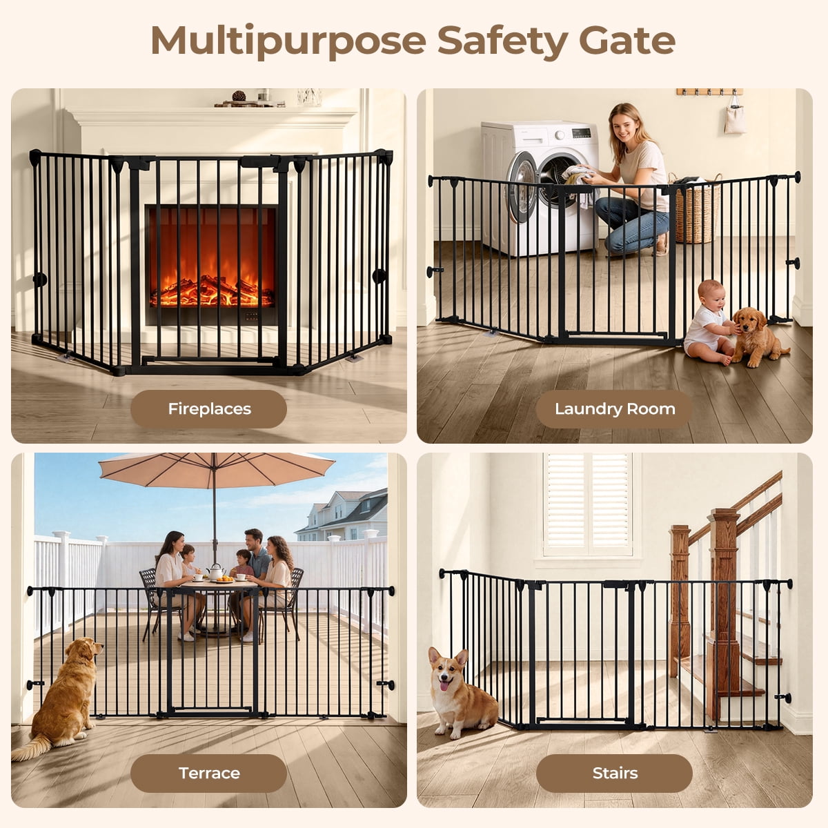Pet Safety Gate, 3Panels 80" Extra Wide Iron Gates for Doorway Kitchen Playard, Black