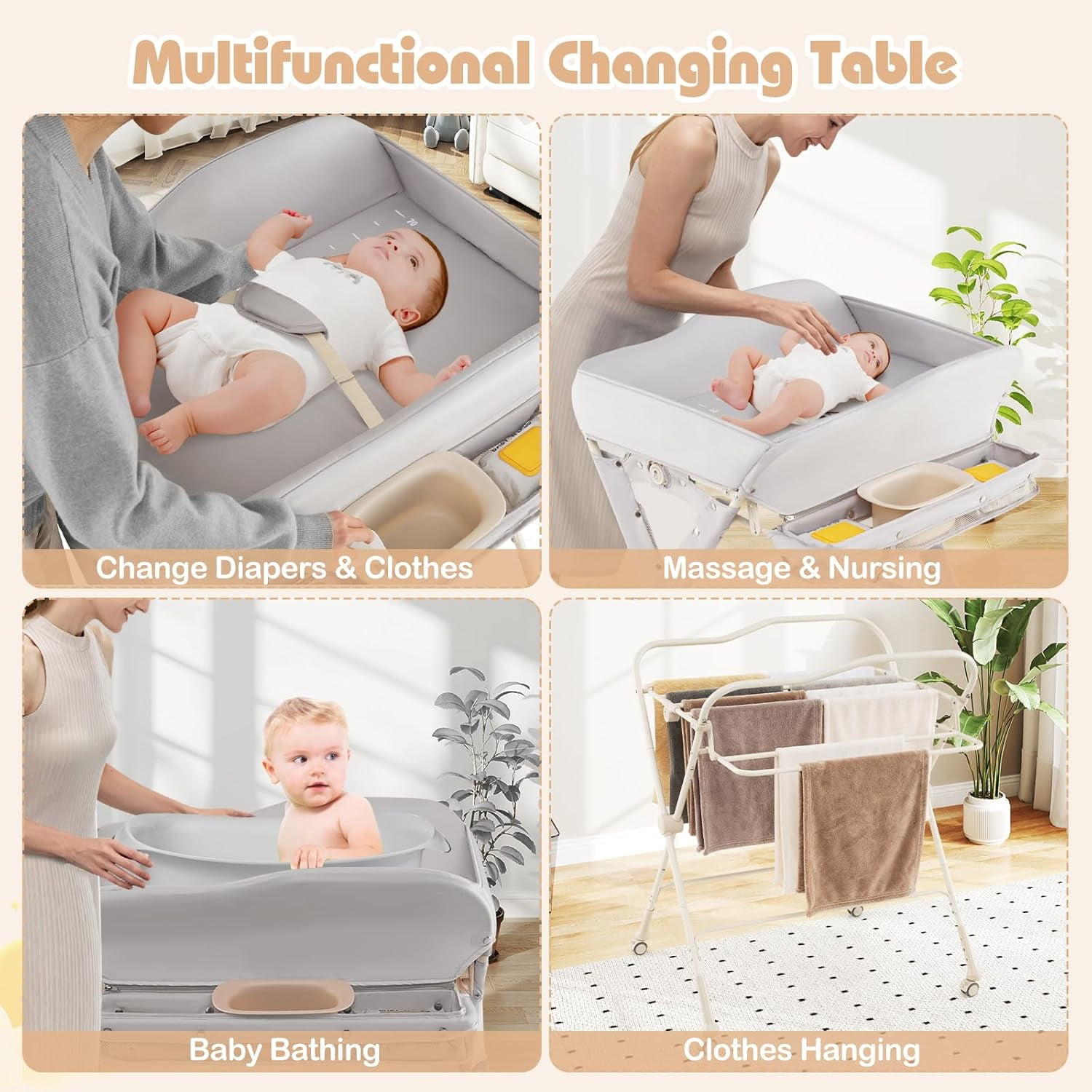INFANS Baby Changing Table with Wheels, Portable Folding Diaper Station Nursery Organizer with Storage Basket, Hanging Rack, Adjustable Height, Safety Belt for Newborn Infant (Light Gray)