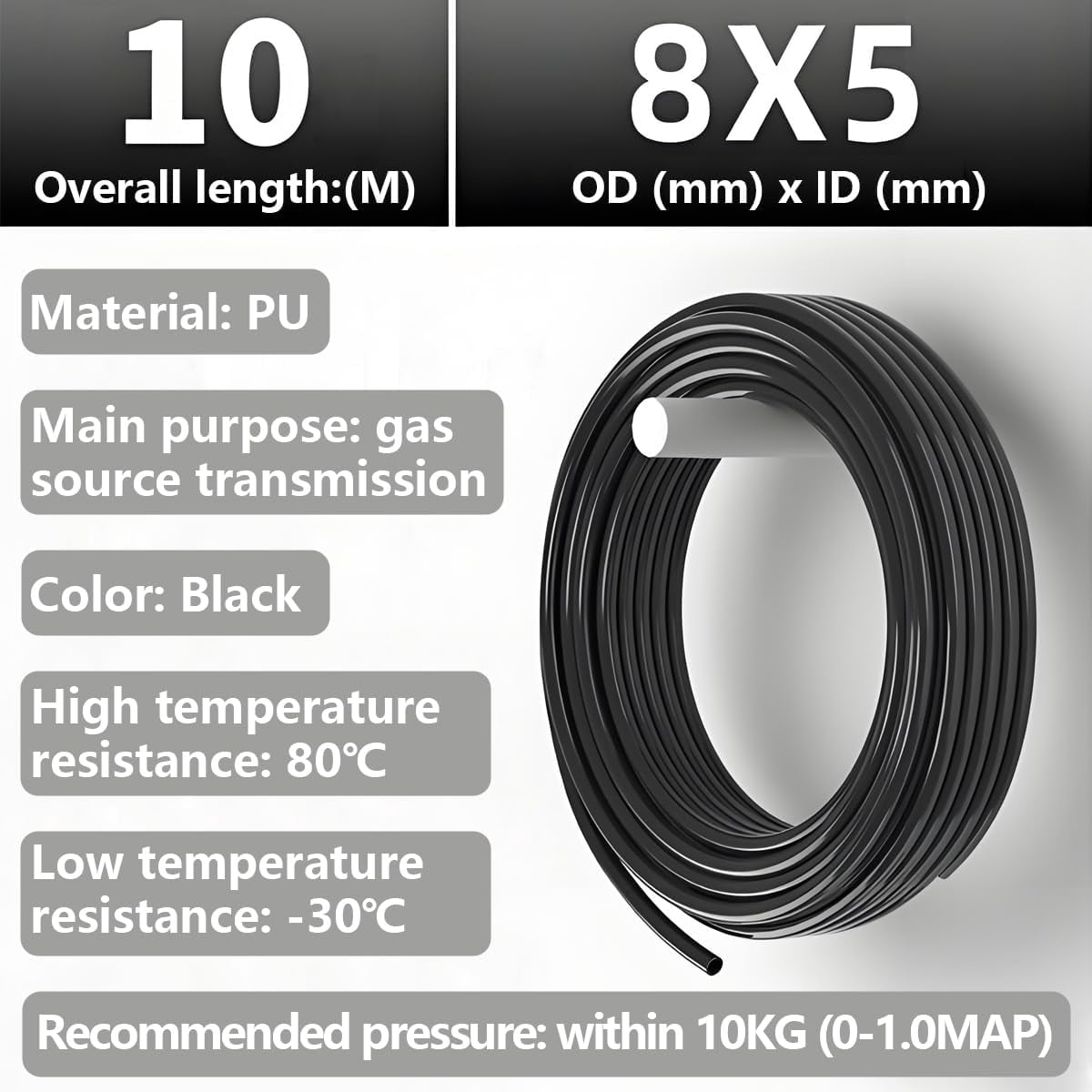 MKEUDQ-Pneumatic Hose, Polyurethane Air Compressor Hose with Blue pipe Cutter, Black PU Tubing 10M used for Gas source transmission (OD 8mm x ID 5mm)