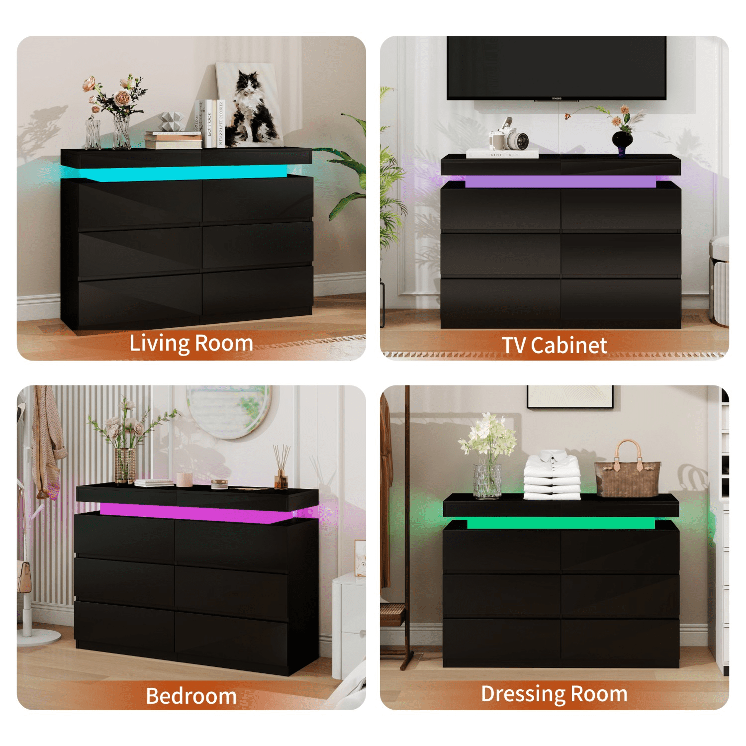 Black 6 Drawer Dresser with Sliding Top, LED Lights & Charging Station - Spacious Chest of Drawers for Bedroom, Entryway, or Hallway Storage