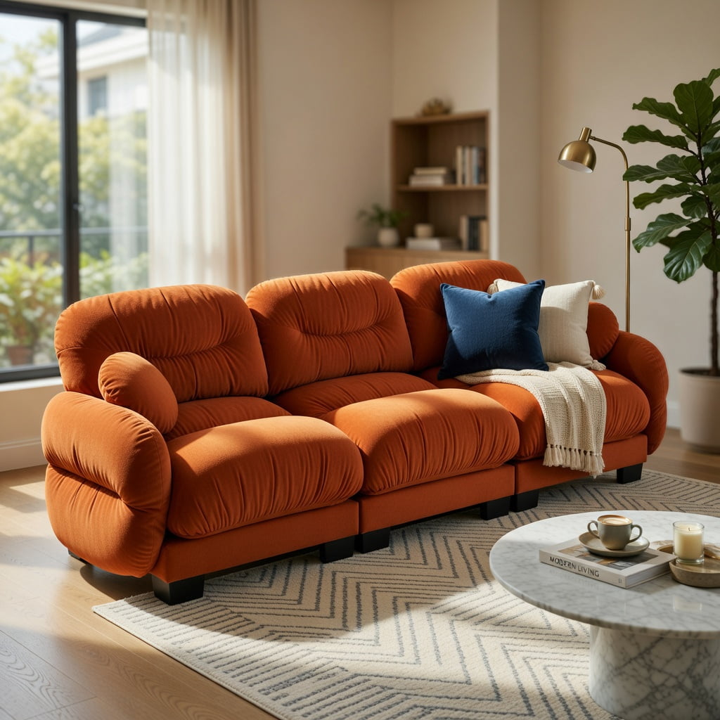 Hommoo Chenille 3-Seater Modular Sofa with Pleated Back, Ergonomic High-Density Foam & Curved Armrests, Includes 2 Round Throw Pillows, Orange