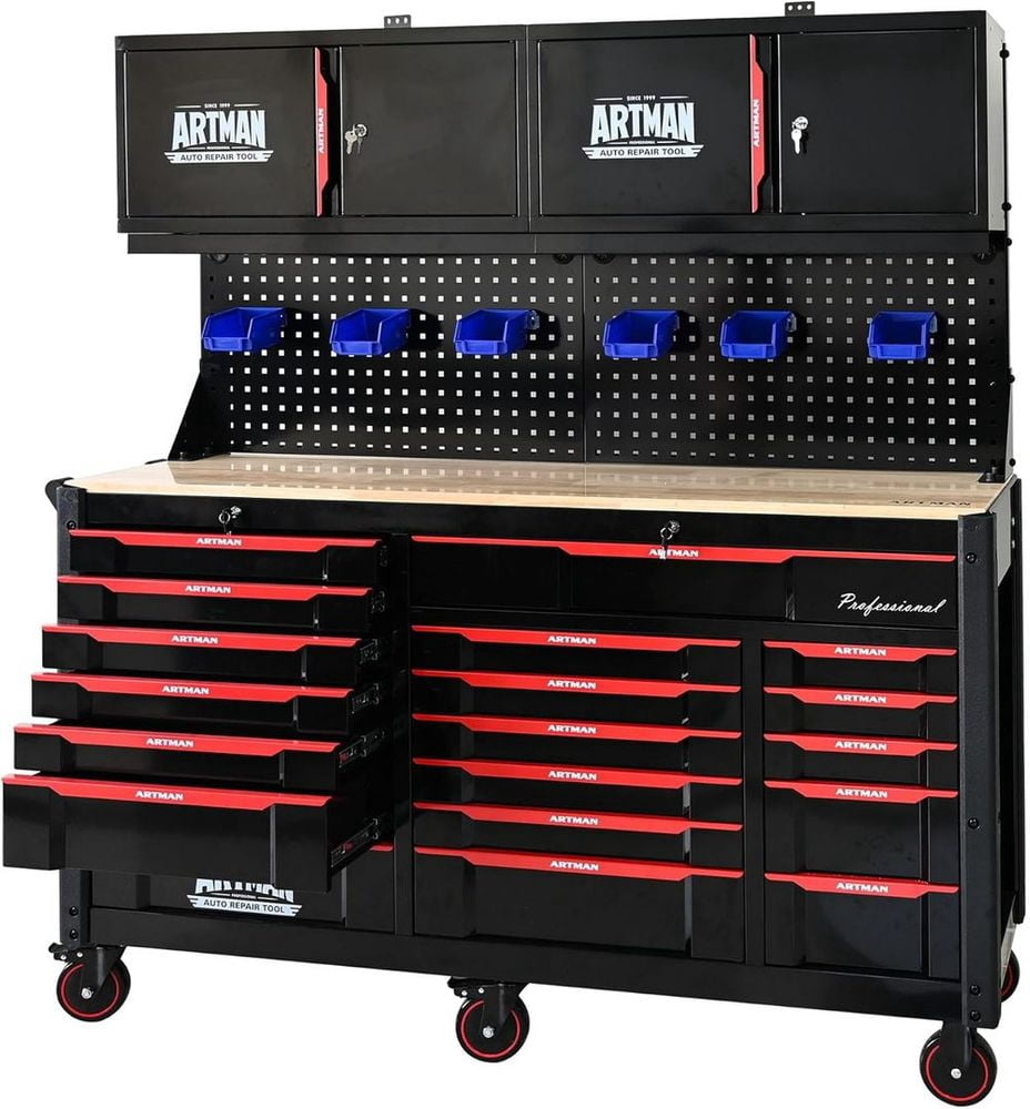 MIDOQIN Metal Garage Wall Cabinet, Wall Mounted Steel Storage Cabinet with 2 Doors, Pegboard, Hooks, Basket, and Storage Shelf, Black and Red