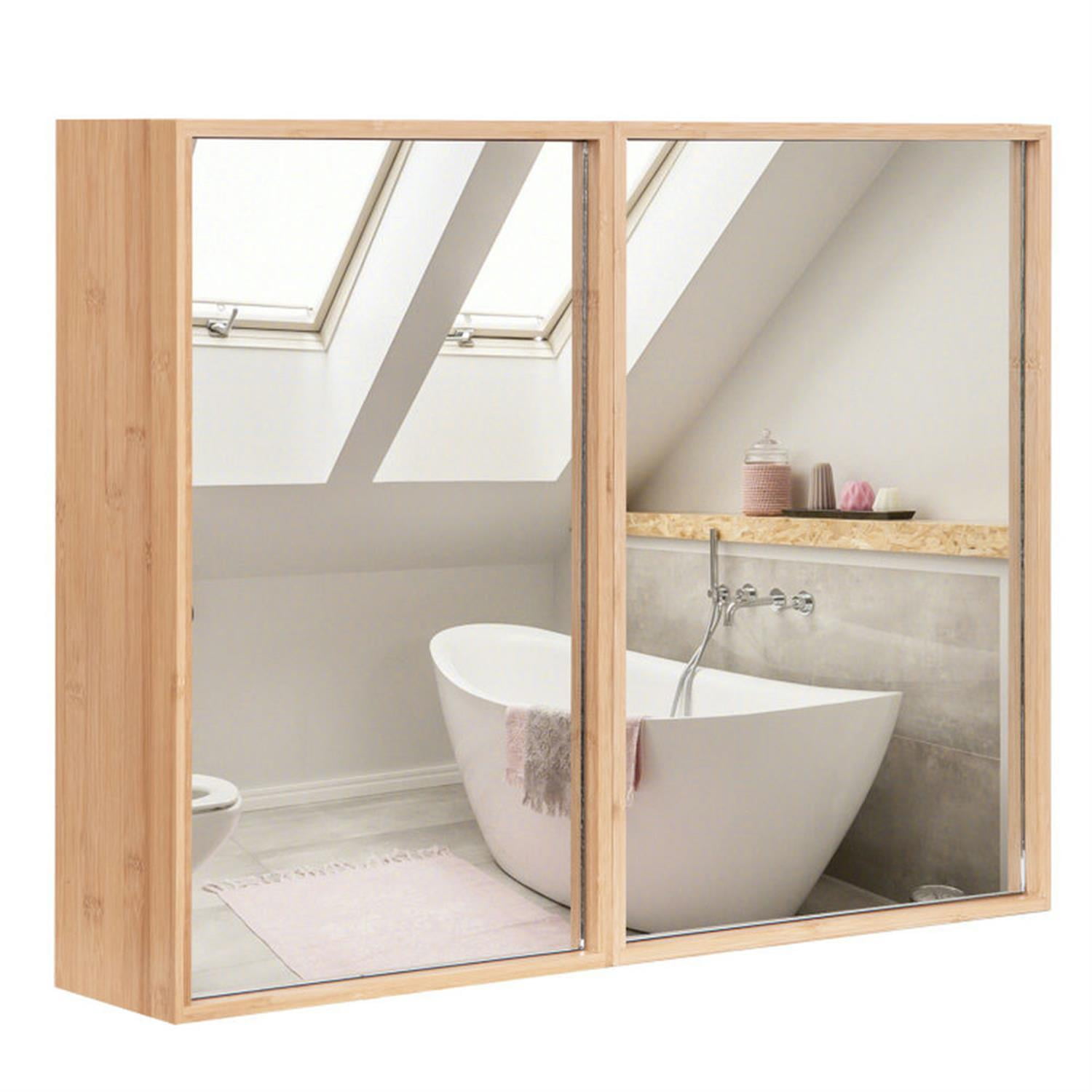 Demi Bonn Bamboo Bathroom Medicine Cabinet with Mirror, Wall Mounted Double Mirror Door Storage Cabinet with Adjustable Shelf for Bathroom Living Room Hallway, Beige