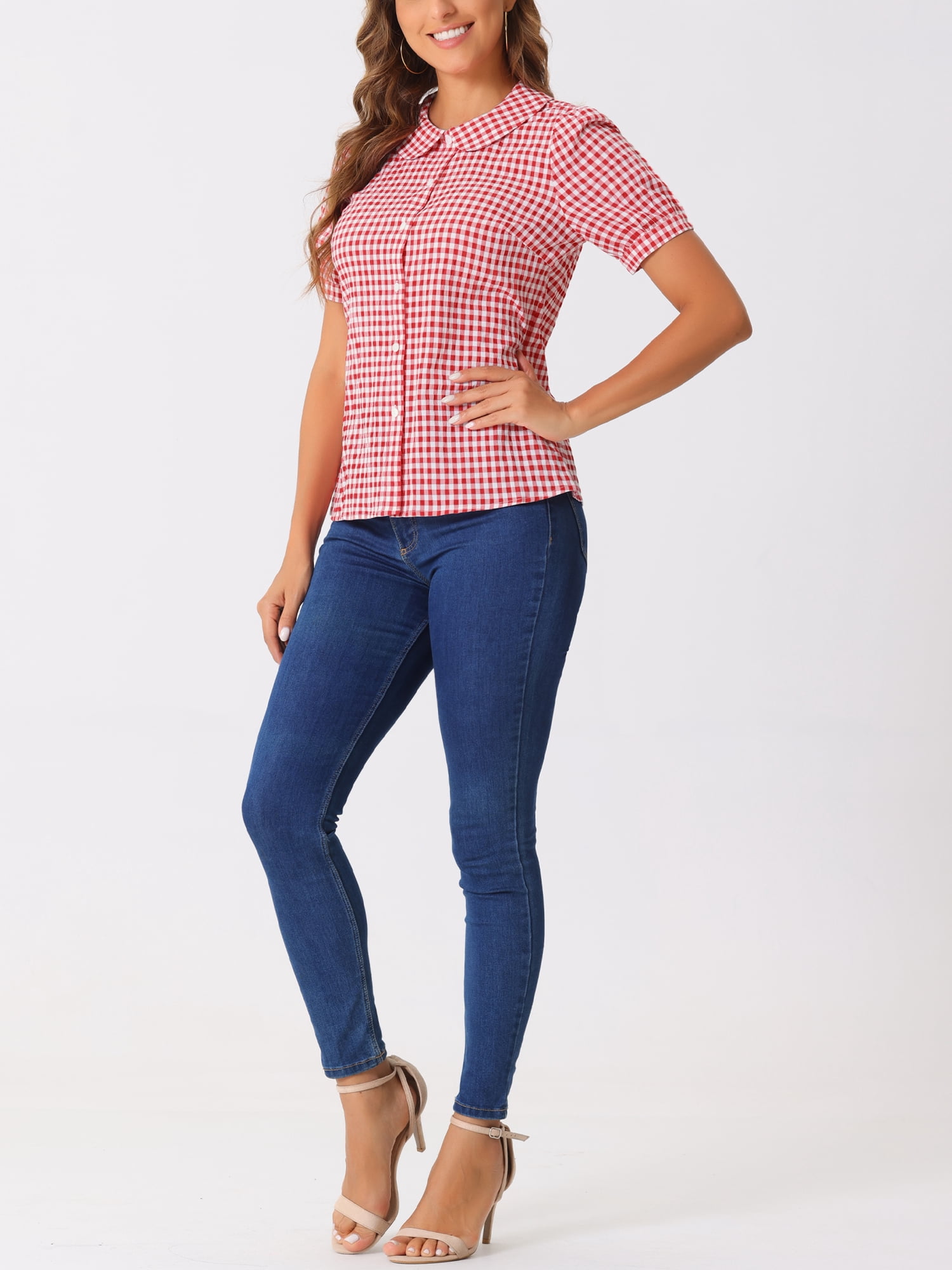 DARING DIVA Women's Plaid Button Down Puff Peter Pan Collar Shirt S Red