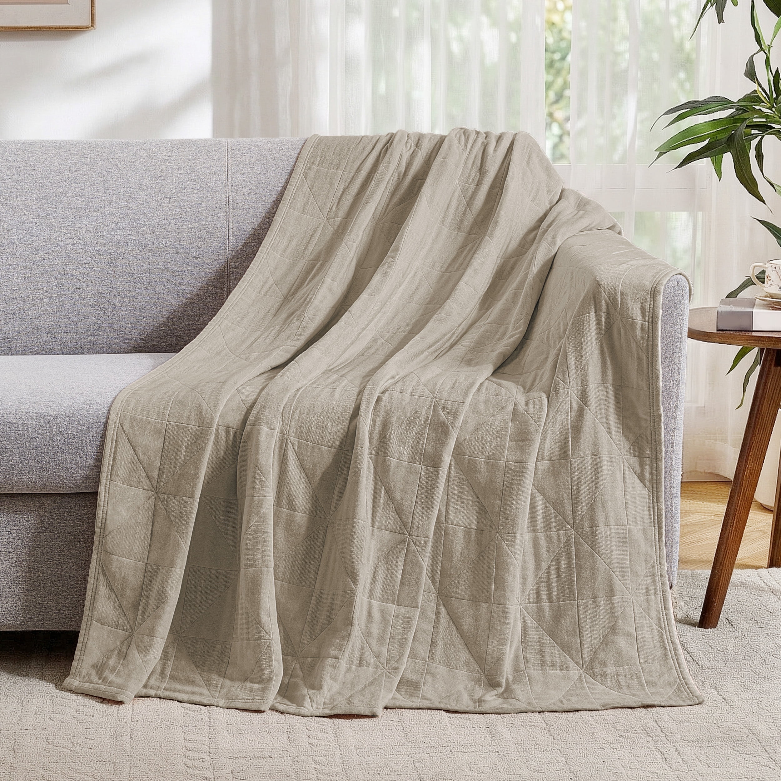 Exclusivo Mezcla 100% Cotton 4 Layers Muslin Throw Blanket for Couch, Moisture-wicking and Breathable Gauze Blanket with Geometric Pattern for Year Round Comfort, 50"x60", Khaki
